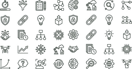 Naklejka premium Artificial intelligence workflow automation outline icon set for analytics dashboards applications interfaces presentations smart digital process integration systems