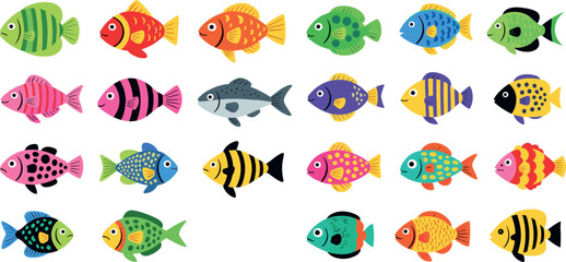 Fototapeta premium Colorful Tropical Fish Collection with Various Patterns and Shapes, Cute Cartoon Marine Animals Set for Aquarium, Ocean and Underwater Design