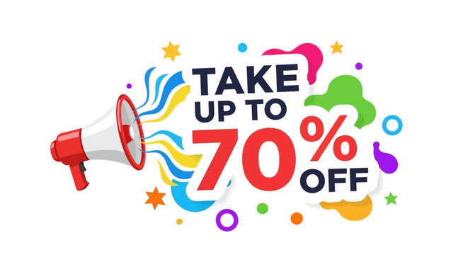 Megaphone Announcing Up To 70% Off Sale, Special Offer, Discount, Promotion, Marketing