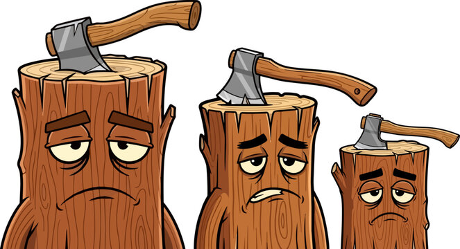 Sad tree stumps with axes, cartoon wood logs, unhappy forest elements, vector icons