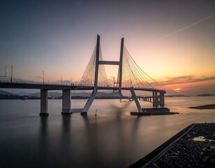 Obraz premium Modern cable-stayed bridge at sunset over calm water