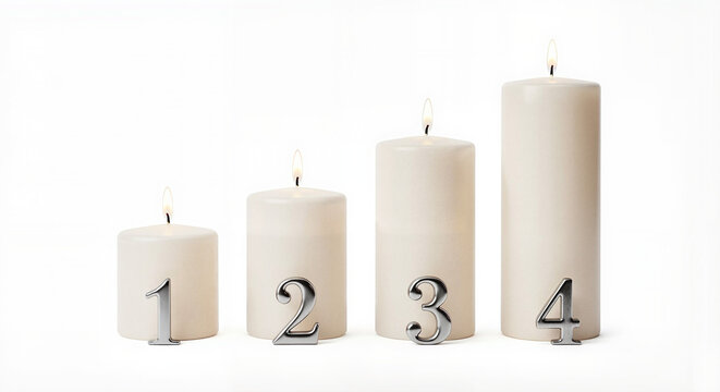 White advent candles with numbers one to four lit on display  