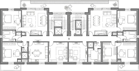 Detailed architectural floor plan of a multi-unit residential apartment building featuring modern interior layouts stairs and elevators vector illustration © Bappi