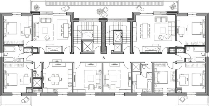 Detailed architectural floor plan of a multi-unit residential apartment building featuring modern interior layouts stairs and elevators vector illustration