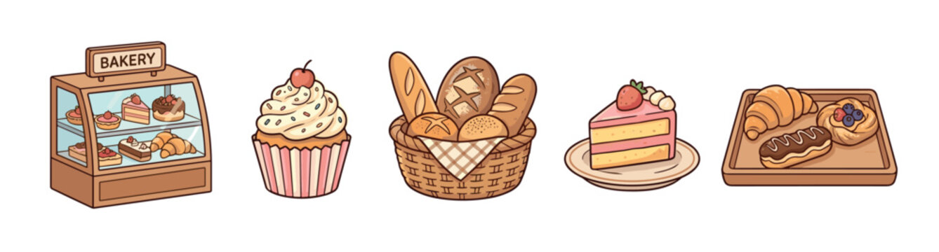Delightful collection of bakery items, pastries, and fresh bread is charmingly illustrated in a vibrant cartoon style, perfect for food-related designs.
