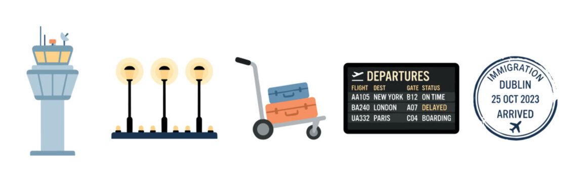 Airport travel elements collection representing various aspects of modern air transportation and international journeys in a flat design style.