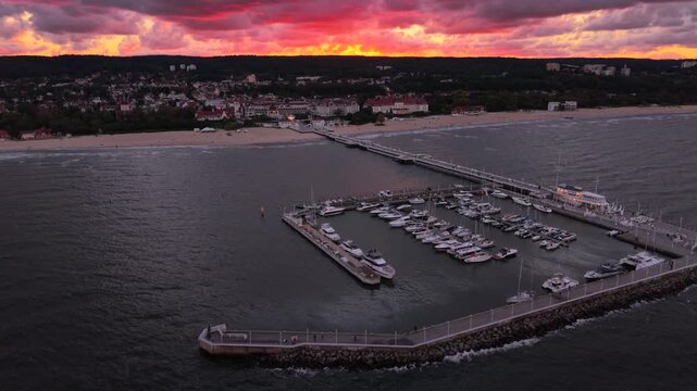 Beautiful architecture of Sopot city by the Baltic Sea at sunset, Poland.