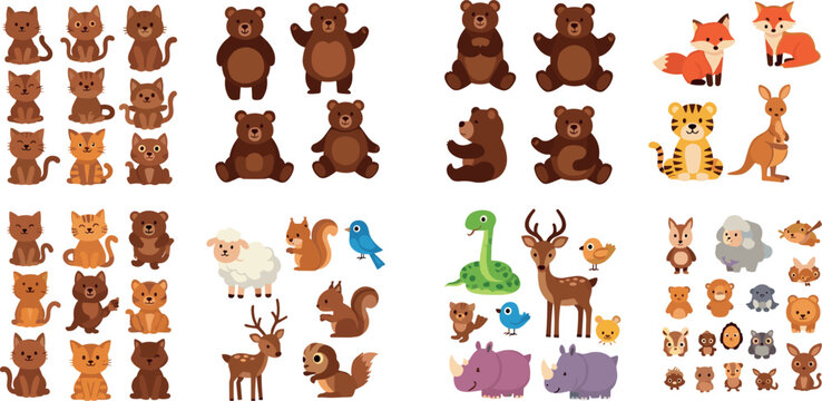 Cute Cartoon Animal Collection with Cats, Bears, Foxes, Tiger, Kangaroo, Deer, Sheep, Bird, Snake and Forest Wildlife Characters Set
