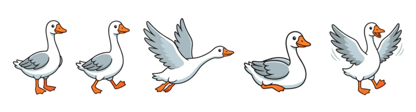 Cartoon geese characters in various poses including standing, walking, flying, and flapping wings, illustrating different actions of the farm bird.