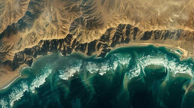 Aerial view of the strait of hormuz  critical chokepoint for middle east oil trade