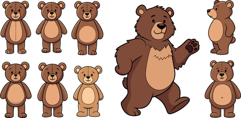 Obraz premium Cute Cartoon Bear Character Set with Different Poses and Expressions, Friendly Brown Bear Illustration Collection for Kids and Animal Design