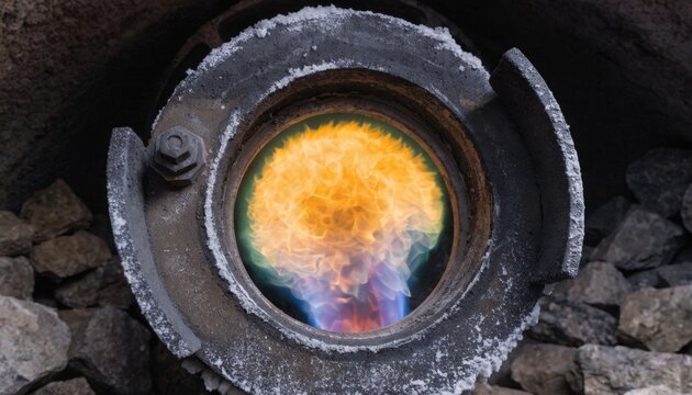 Industrial lime kiln burner hood with a clear flame viewing port focusing on the auto mode operation and automated flame regulation for efficient combustion.