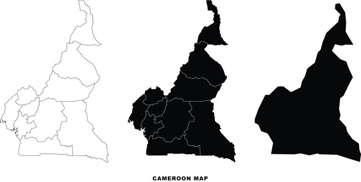 Cameroon map vector set. High detailed outline, solid black silhouette and administrative regions borders illustration. EPS 10.