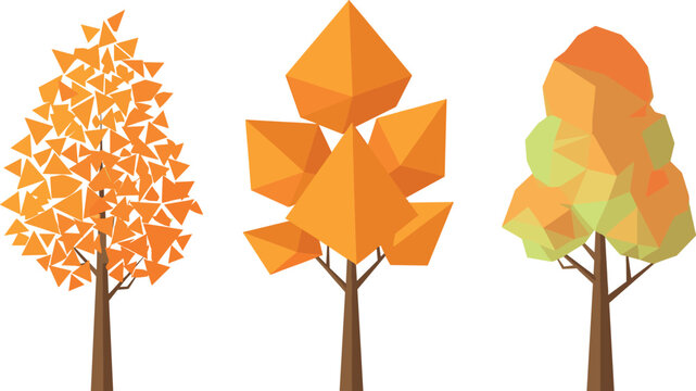 Abstract Low Poly Autumn Trees Set Featuring Geometric Fall Leaves in Orange Yellow and Green for Nature and Seasonal Vector Design
