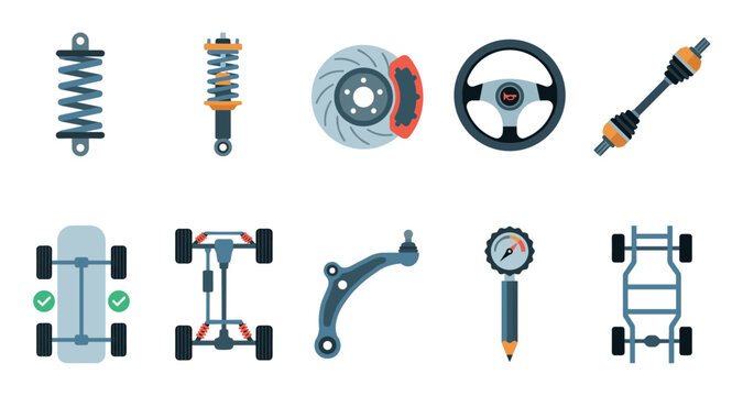 Automotive vehicle car parts and components are displayed in a flat design style, representing essential elements for maintenance and repair services.