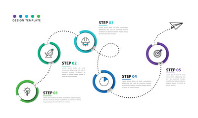 Obraz premium Business Infographic Roadmap with five Steps Process Diagram and Curved Dotted Line Timeline for Success Journey