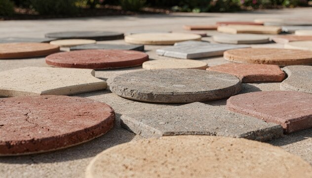 Dynamic medium shot of random mix of varied colored paver blocks arranged loosely emphasizing casual pattern blending for versatile exterior walkways or garden paths.