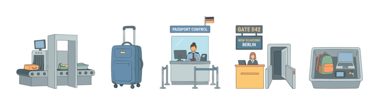 Airport travel security checkpoints and boarding gate process illustration detailing the various stages and procedures for air passengers at an international terminal.