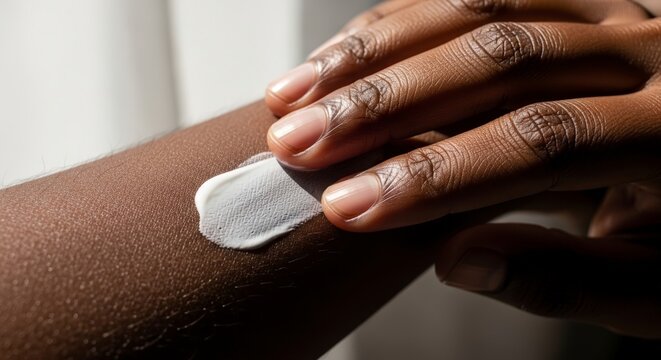 Woman applying deodorant to her arm.