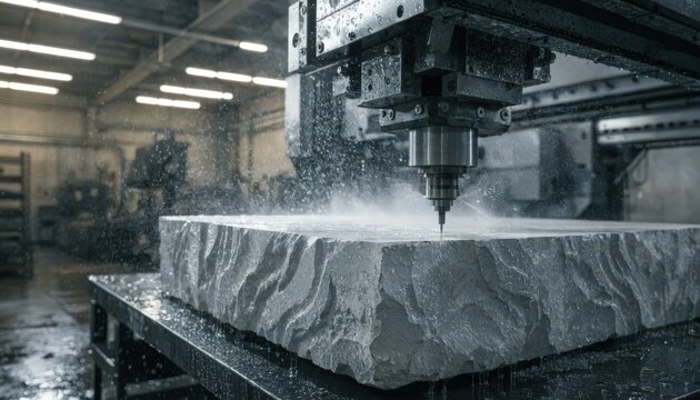 Industrial CNC machine sculpting worktable edges from a thick stone slab showcasing hightech precision in rough workshop environment with focused machinery.