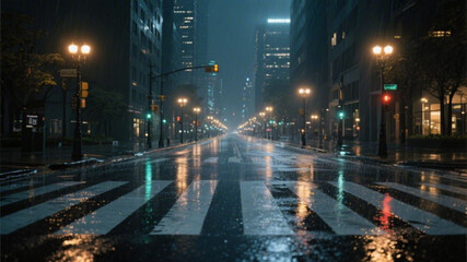 Fototapeta premium A rainy city street at night with tall buildings and streetlights reflecting off the wet pavement
