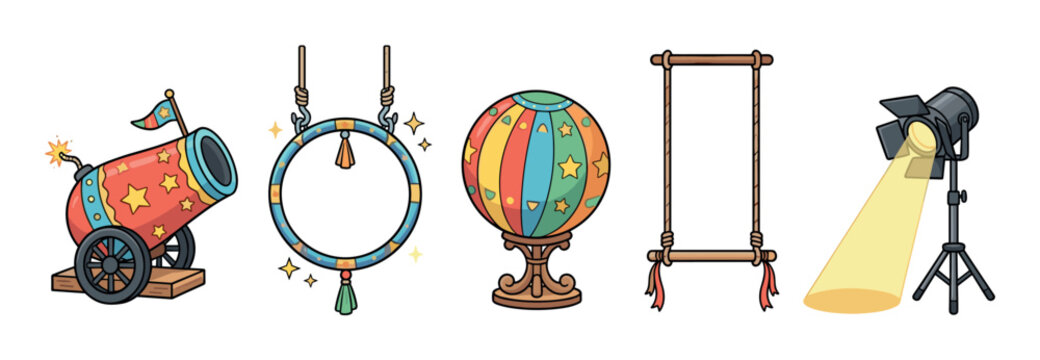 Circus elements collection features a cannon, hoop, ball, trapeze, and spotlight, all depicted in a vibrant cartoon style for entertainment.