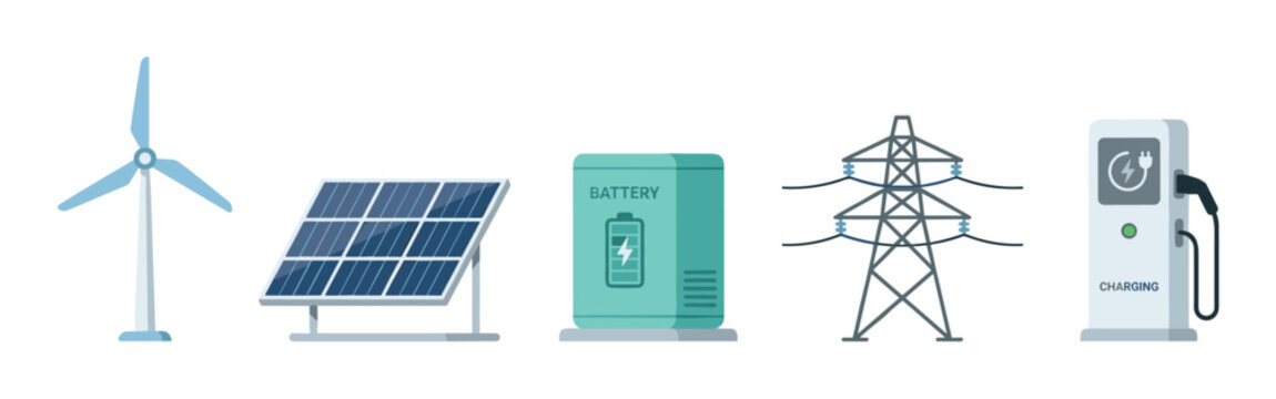 Renewable energy sources, battery storage, and electric vehicle charging station icons illustrate the modern sustainable power grid infrastructure.