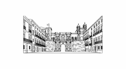 Obraz premium Ornate arched gateway flanked by multi-story buildings and crenellated walls