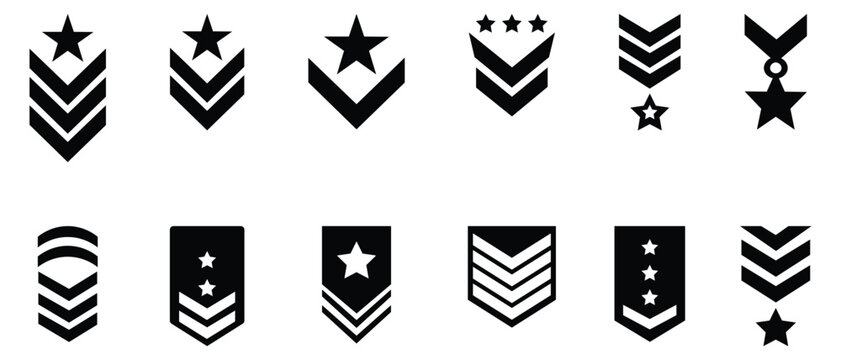 Set of army sergeant silhouette icons. Officer chevron badges with stars. Soldier rank icons with officer, constable badge insignia, sergeant, major, colonel emblem and more. Military badge symbol.
