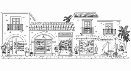 Obraz premium Line drawing of a row of shops with tiled roofs and palm trees