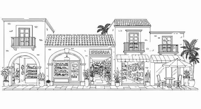 Line drawing of a row of shops with tiled roofs and palm trees