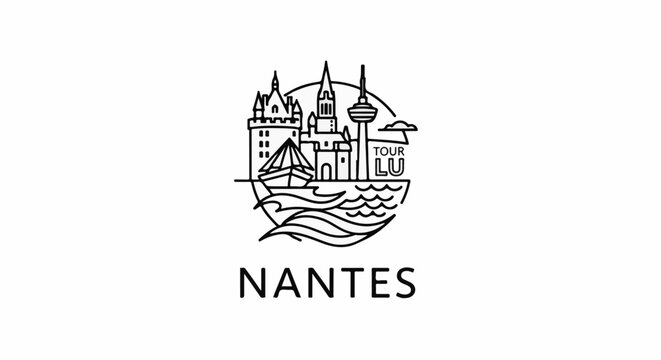 Minimalist line art logo depicts city landmarks, a ship, and waves, with text below