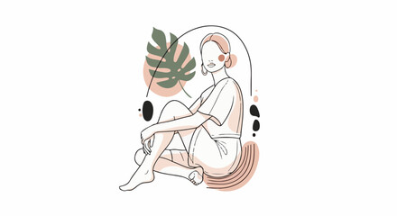 Obraz premium Minimalist line art of a seated woman with abstract shapes and leaf