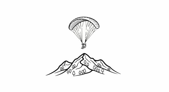 Minimalist line art of a paraglider soaring over a mountainous landscape