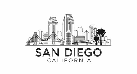 Fototapeta premium Line drawing skyline of a city with bridges, buildings and palm trees