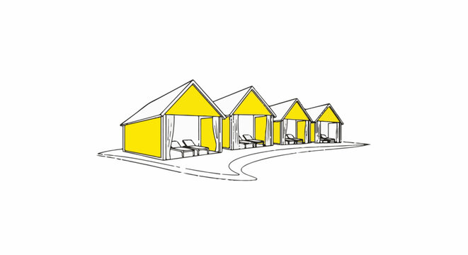 Line drawing of yellow cabanas with lounge chairs beside a curved path