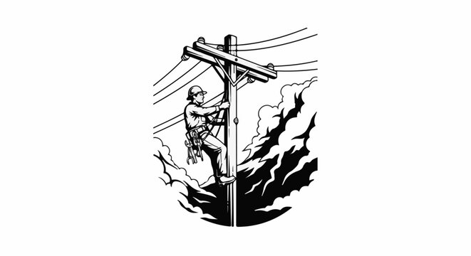 Lineman climbs pole amidst smoky clouds and power lines