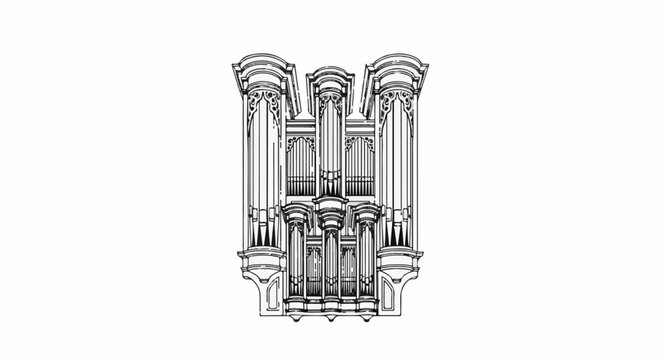 Intricate line drawing of a grand pipe organ, a majestic musical instrument