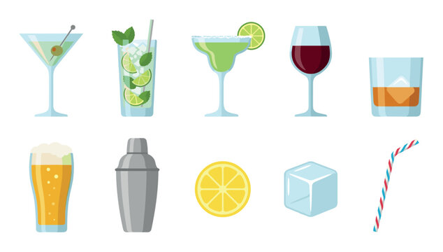 Various alcoholic beverages, cocktail ingredients, and bar tools are neatly arranged in a flat design illustration, perfect for menus or party invitations.