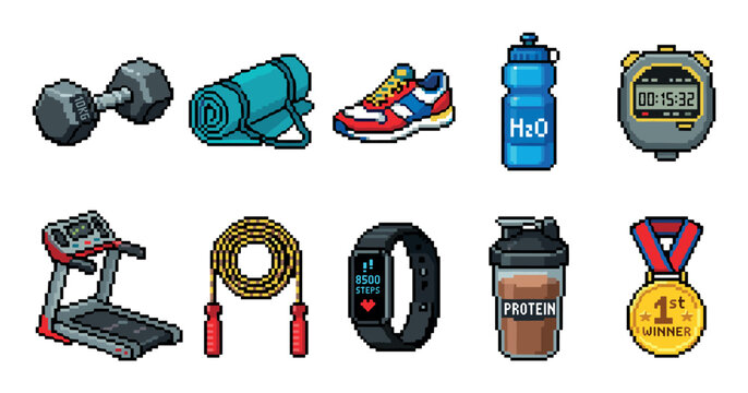 Collection of pixel art fitness and gym equipment icons representing various exercise activities and healthy lifestyle elements in a retro digital style.