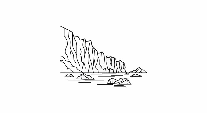 Jagged cliffs overlook a serene body of water with scattered ice floes