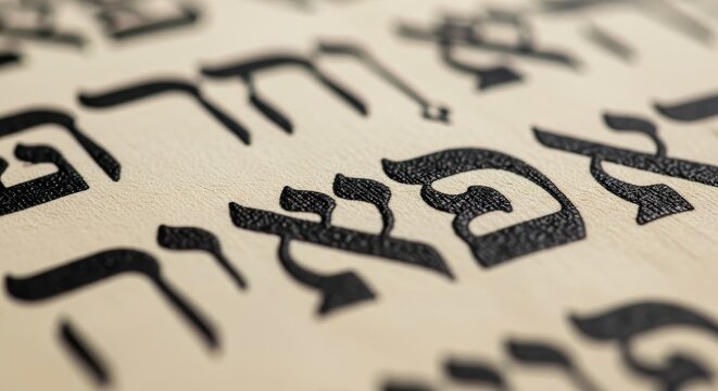 Close-up of Hebrew Letters on Wood, Jewish Typography, Ancient Script