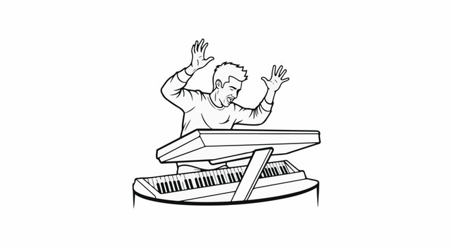 Man ecstatically playing a keyboard with both hands raised in the air