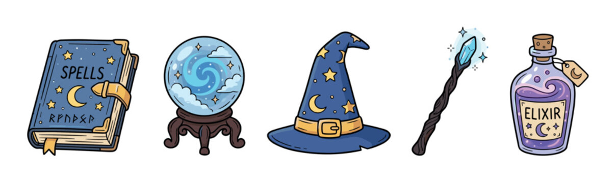 Magical fantasy items collection featuring a spellbook, glowing crystal ball, pointed wizard hat, sparkling magic wand, and a mystical elixir potion bottle.
