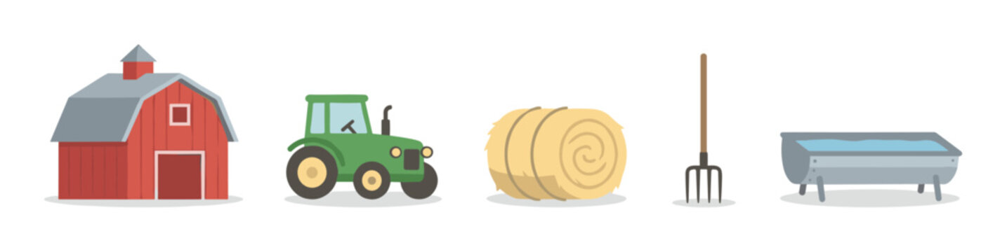 Farming and agriculture icons representing various rural elements, including water systems, planting, storage, and machinery, in a clean black silhouette style.