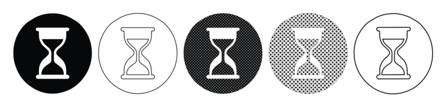 Minimalist hourglass icon set, 5 vector sand clock symbols in circles, black and white time management graphics for business apps and web design