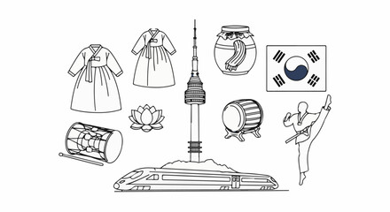 Obraz premium Korean cultural icons and symbols collage clothing, tower, drum, lotus, jar, flag, martial arts, train
