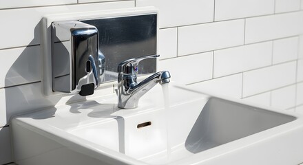 Fototapeta premium Chrome faucet with running water into white ceramic sink and metal soap dispenser