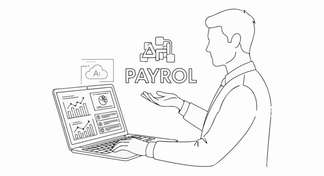 Man interacting with laptop showing charts, AI cloud, and payroll processing