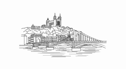 Obraz premium Monochromatic sketch of a grand bridge and basilica on a hill above a river